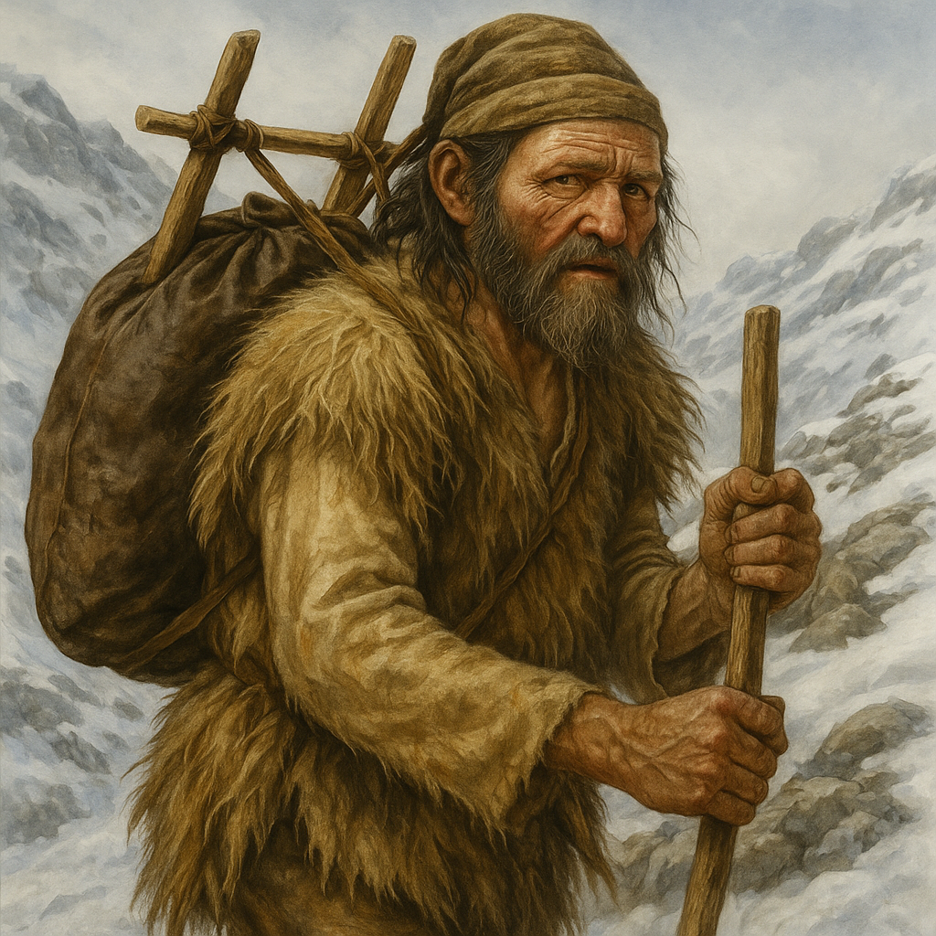 Ilustración del Yeti caminando en la nieve con una mochila de cuero primitiva, símbolo del origen mítico de las mochilas y del espíritu aventurero.