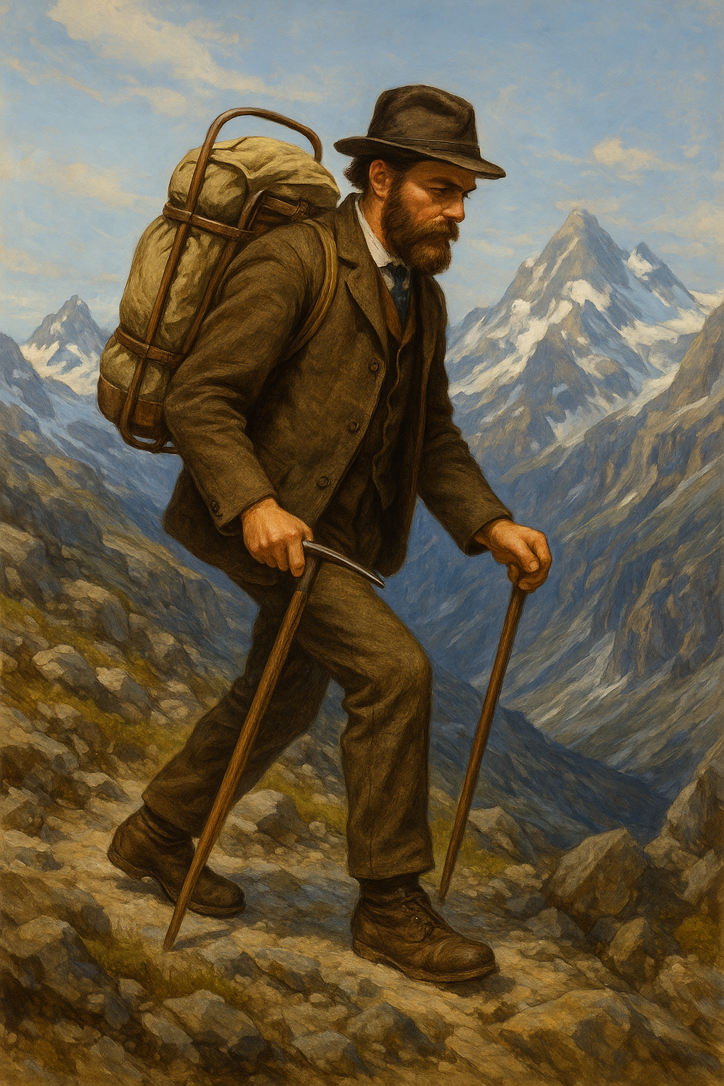 Ilustración del Hombre de Hielo Ötzi con su mochila de cuero y madera, el primer rastro histórico de este accesorio.