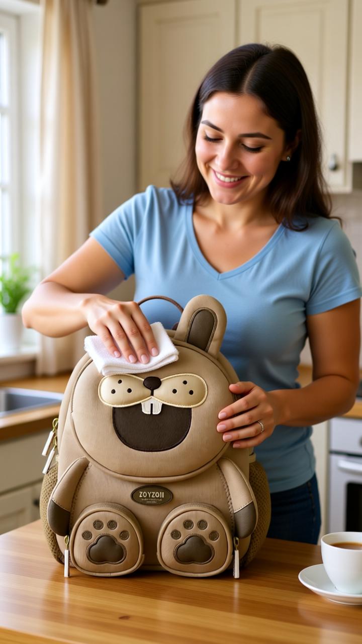 Niña limpiando su mochila colorida con un paño en casa, enseñando cómo cuidar mochilas infantiles de forma fácil y ecológica.