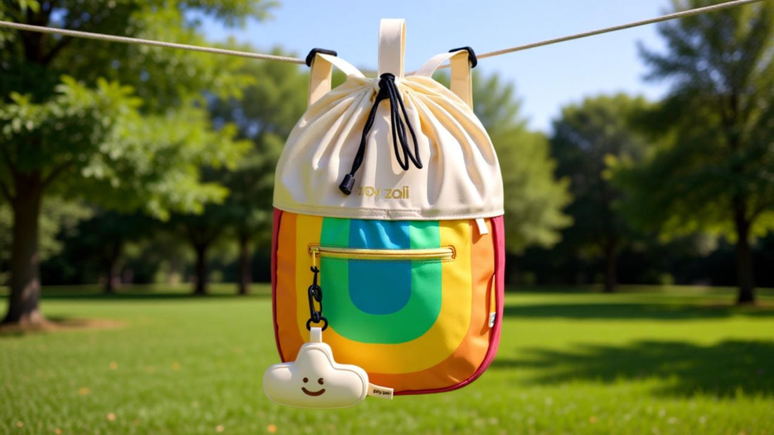 Mochila Zoy Zoii colorida secándose a la sombra después del lavado, protegida del sol directo.