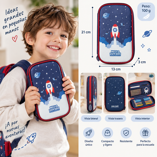 Estuche escolar infantil Zoy Zoii con diseño de cohete