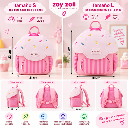 Mochila infantil Zoy Zoii en forma de cupcake color rosa con decoración de colores
