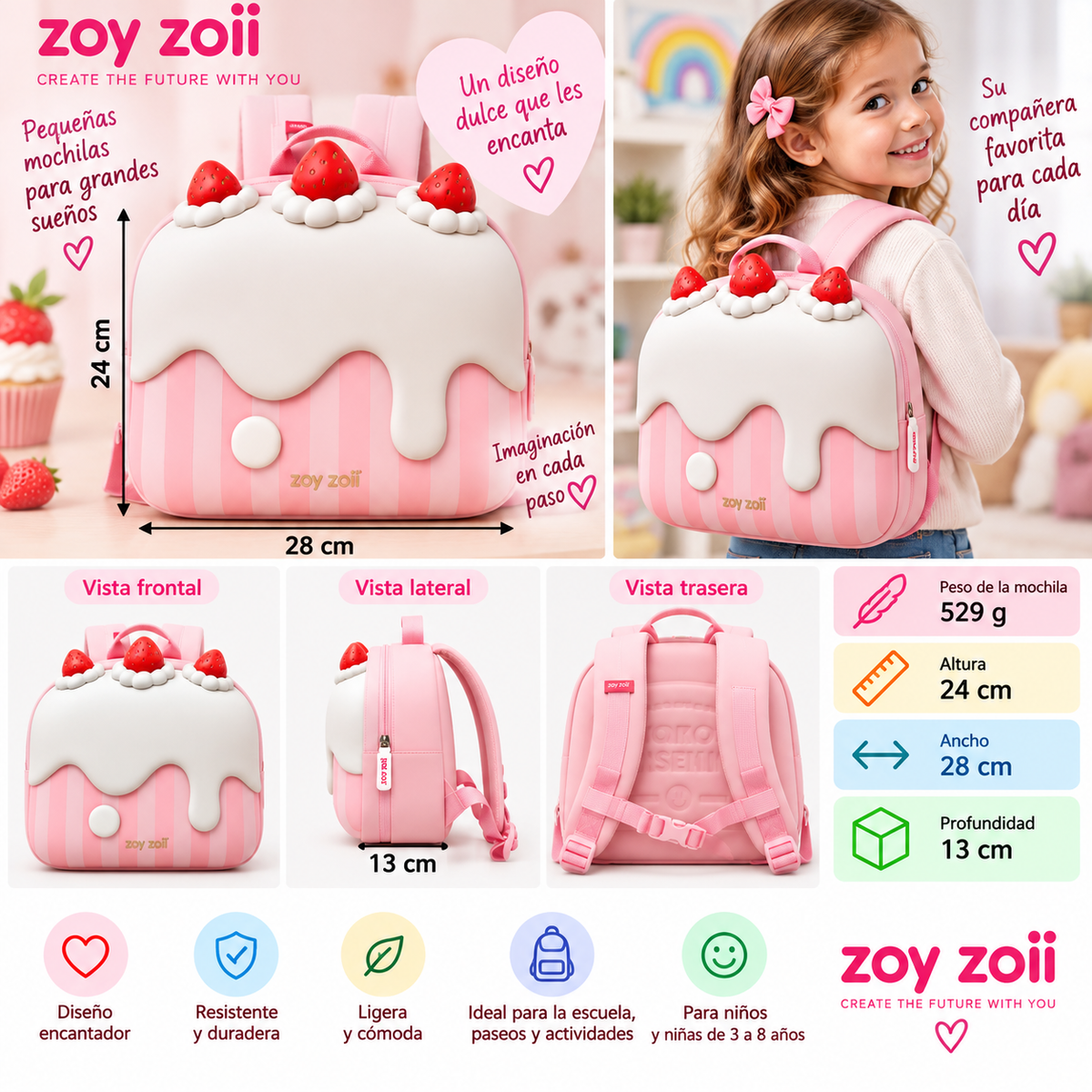 Mochila infantil Zoy Zoii rosa con diseño de tarta y fresas, tamaño 24 por 28 por 13 cm y peso de 529 g.