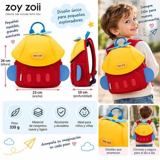 Mochila infantil en forma de cohete rojo y amarillo