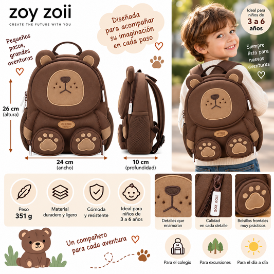 Mochila infantil Zoy Zoii marrón con diseño de oso de la serie Forest
