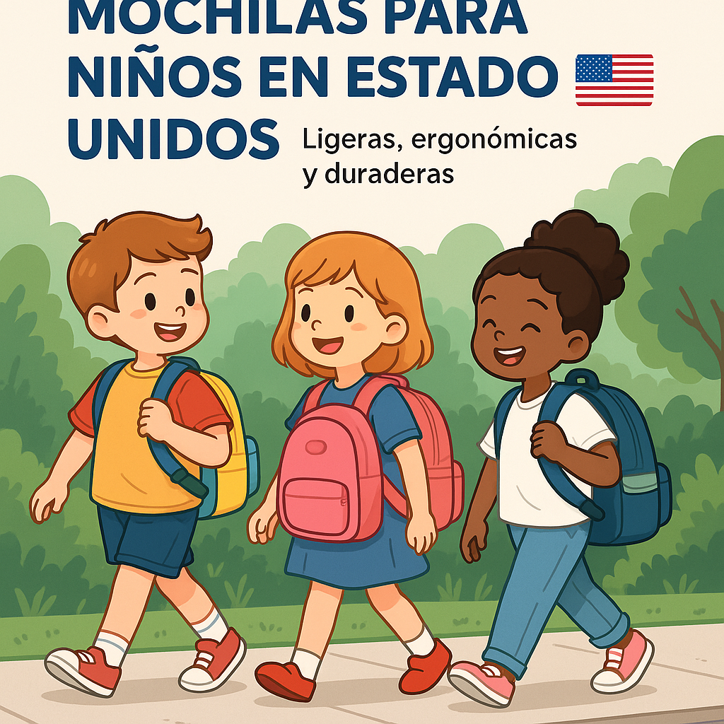 Niños pequeños caminando por una calle con mochilas coloridas, listos para ir al colegio. Imagen alegre y luminosa que representa mochilas infantiles modernas y cómodas para el regreso a clases.