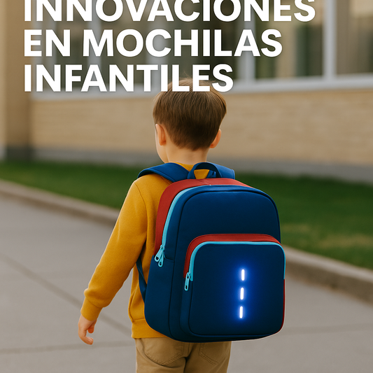 Niño con mochila moderna y colorida con luces LED, caminando al colegio. Imagen que representa mochilas ergonómicas y sostenibles para la nueva generación.