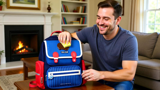 Madre limpiando una mochila Zoy Zoii con una esponja y jabón, mostrando cómo eliminar manchas difíciles de forma segura.