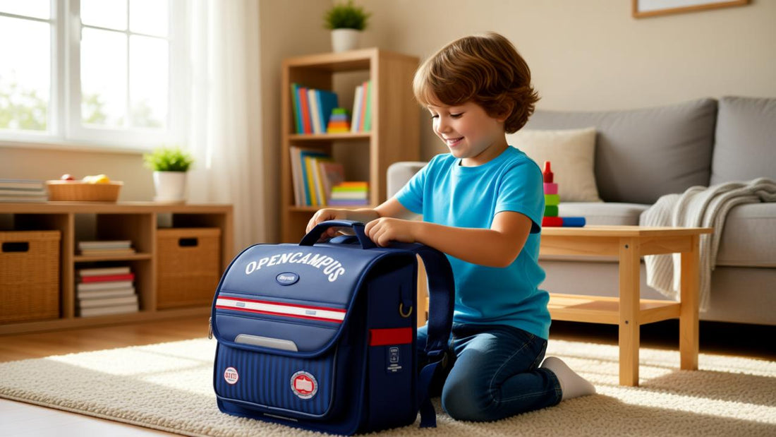 Niño organizando su mochila escolar en casa, aprendiendo a clasificar y colocar sus materiales de forma ordenada.