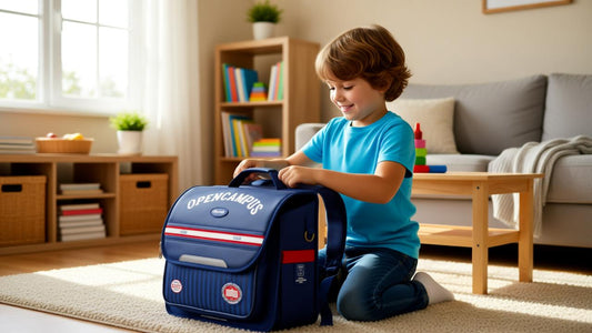 Niño organizando su mochila escolar en casa, aprendiendo a clasificar y colocar sus materiales de forma ordenada.