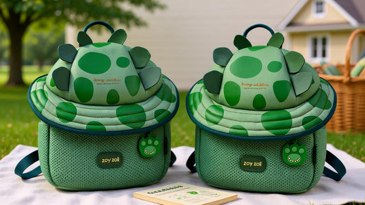 Niño con una mochila ecológica hecha de materiales reciclados, caminando al aire libre, simbolizando seguridad, salud y sostenibilidad.