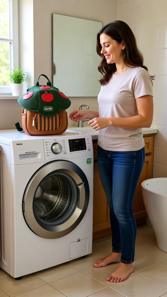 Niña sonriente sosteniendo una mochila Zoy Zoii limpia y colorida después de lavarla a mano con cuidado.