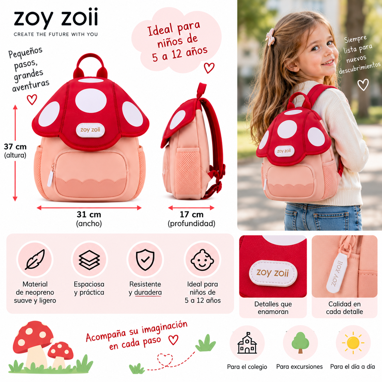 Mochila Infantil Seta Roja para Niños Tallas M y L– Zoy Zoii B50