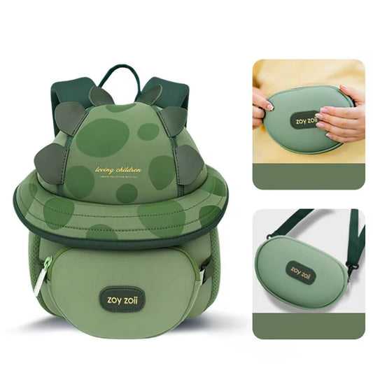 Mochila infantil verde Zoy Zoii con diseño de dinosaurio, ligera y cómoda.