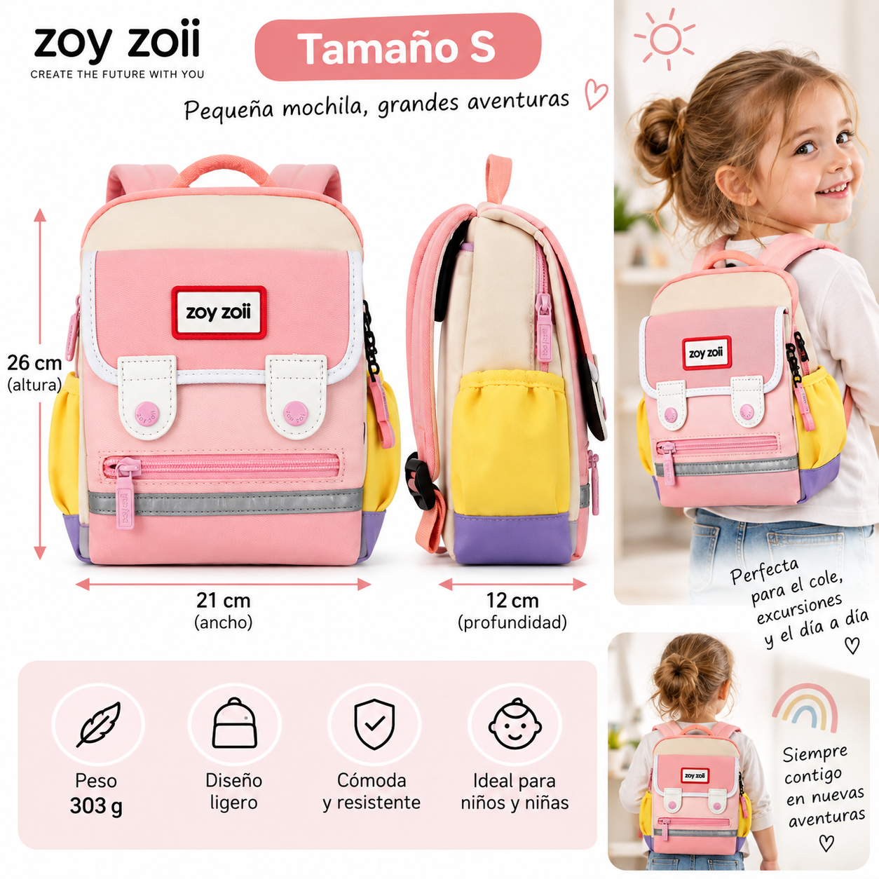 Mochila escolar infantil Zoy Zoii rosa con diseño multicolor y medidas