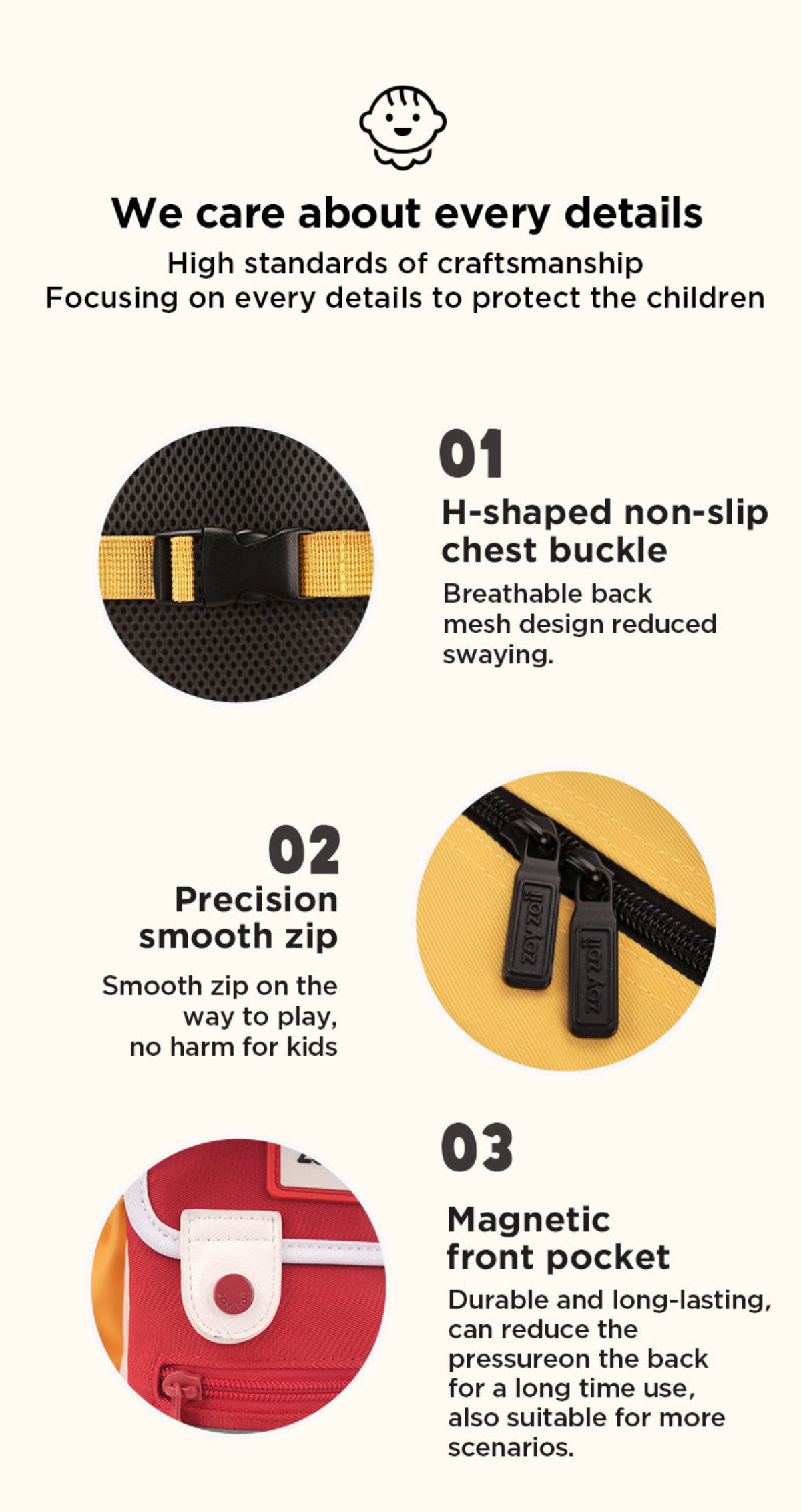 Mochila infantil Zoy Zoii con solapa verde y detalles blancos