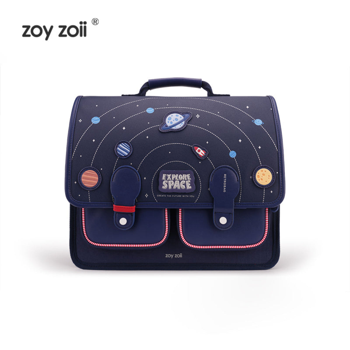 Mochila escolar azul con diseño de planetas y cohete