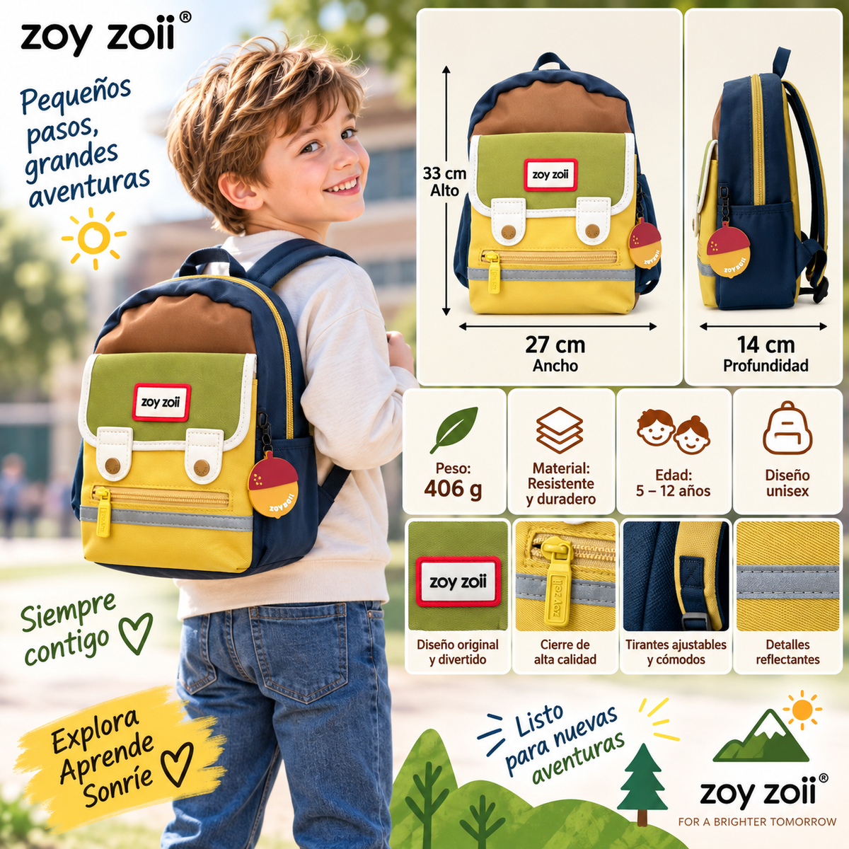 Mochila escolar Zoy Zoii marrón con diseño infantil, ideal para colegio, guardería y viajes