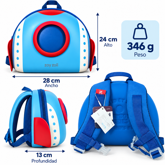 Mochila infantil Zoy Zoii con diseño de cohete azul y rojo para niños