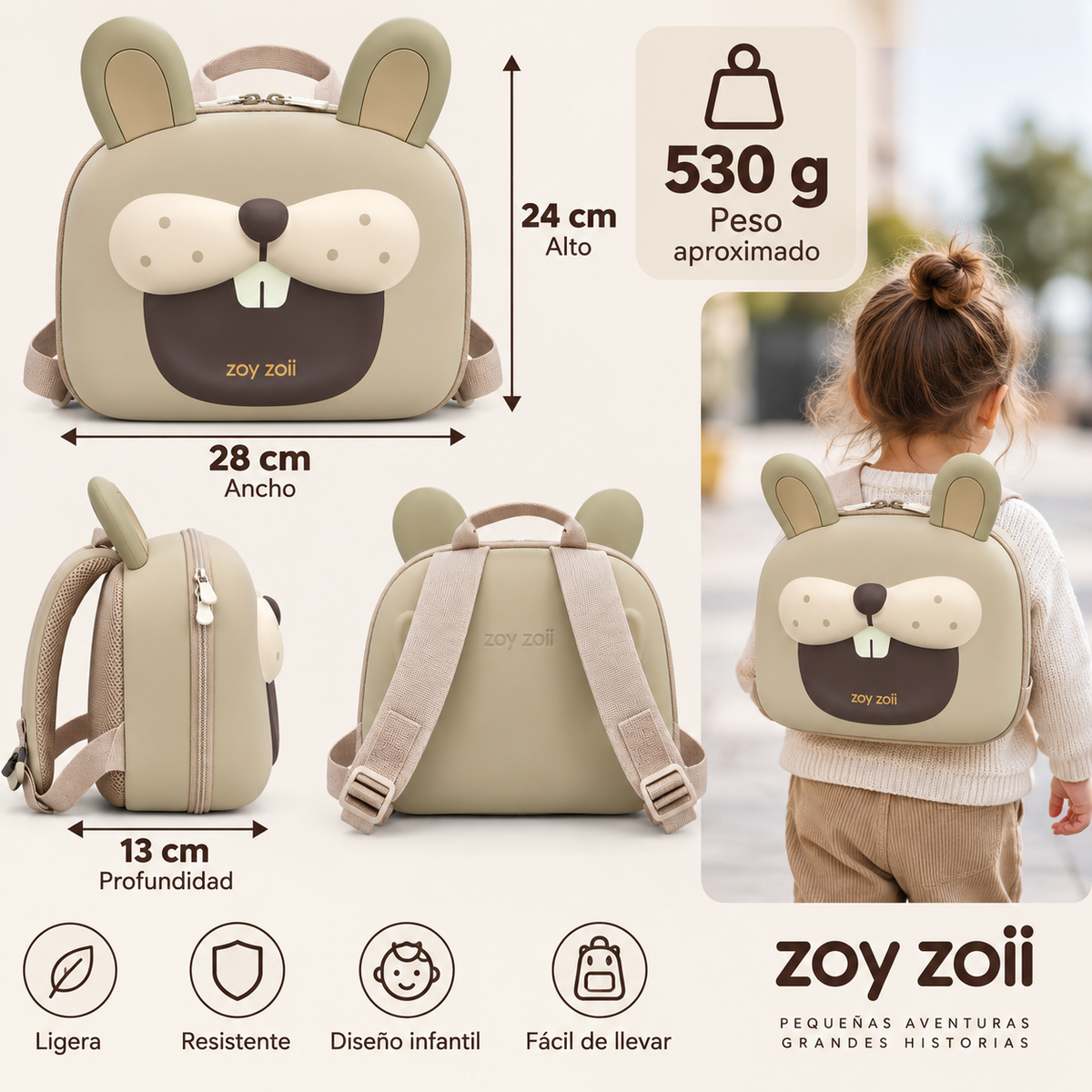 Mochila infantil Zoy Zoii con diseño de conejo, medidas 28 por 24 por 13 cm, mostrada en diferentes vistas y en la espalda de una niña.