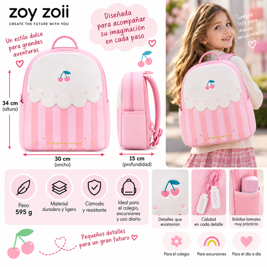 Mochila infantil Zoy Zoii rosa con diseño de cerezas