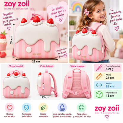 Mochila infantil Zoy Zoii rosa con diseño de tarta y fresas, tamaño 24 por 28 por 13 cm y peso de 529 g.