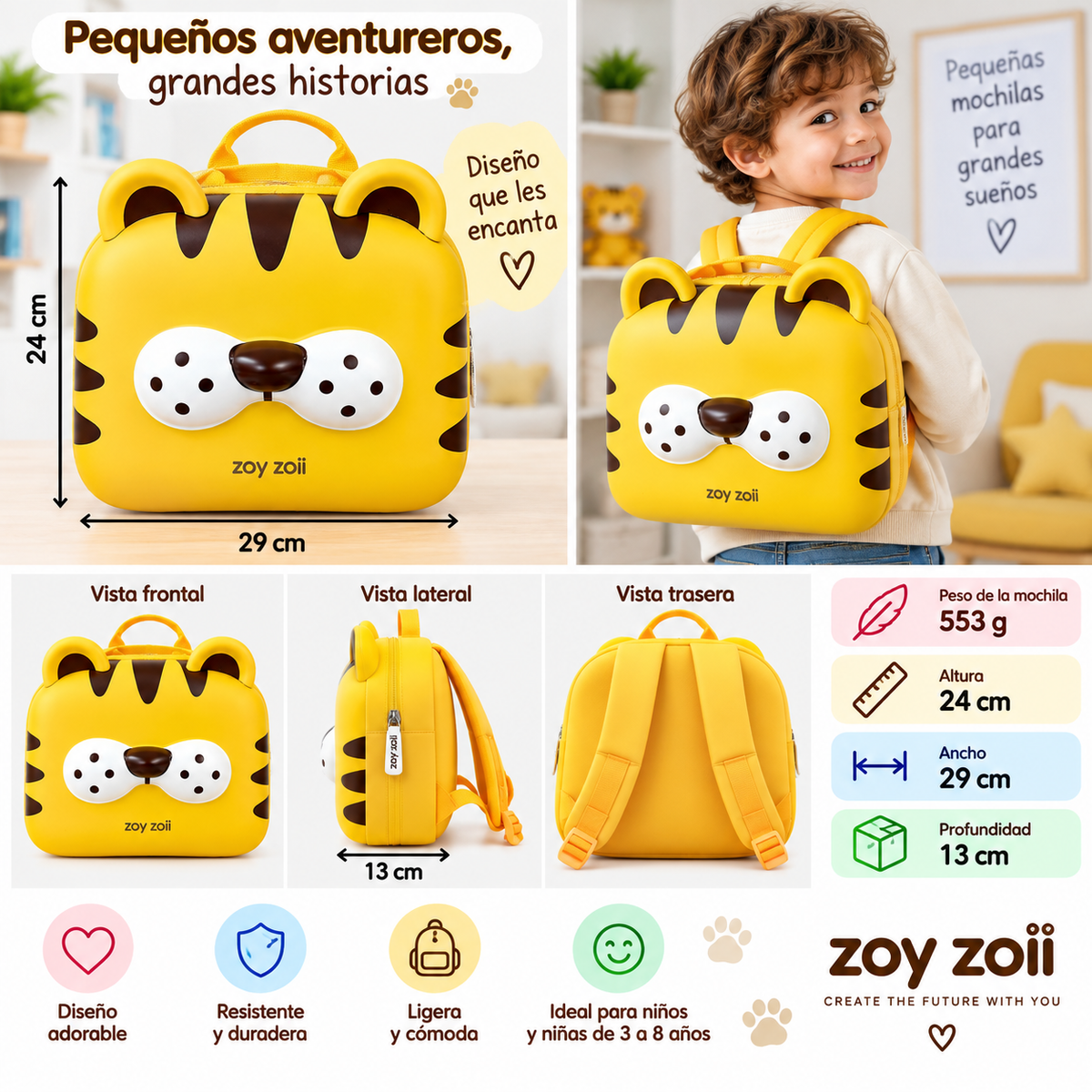 Mochila infantil Zoy Zoii con diseño de tigre amarillo, tamaño 24 por 29 por 13 cm y peso de 553 g, mostrada con sus dimensiones y puesta en un niño.