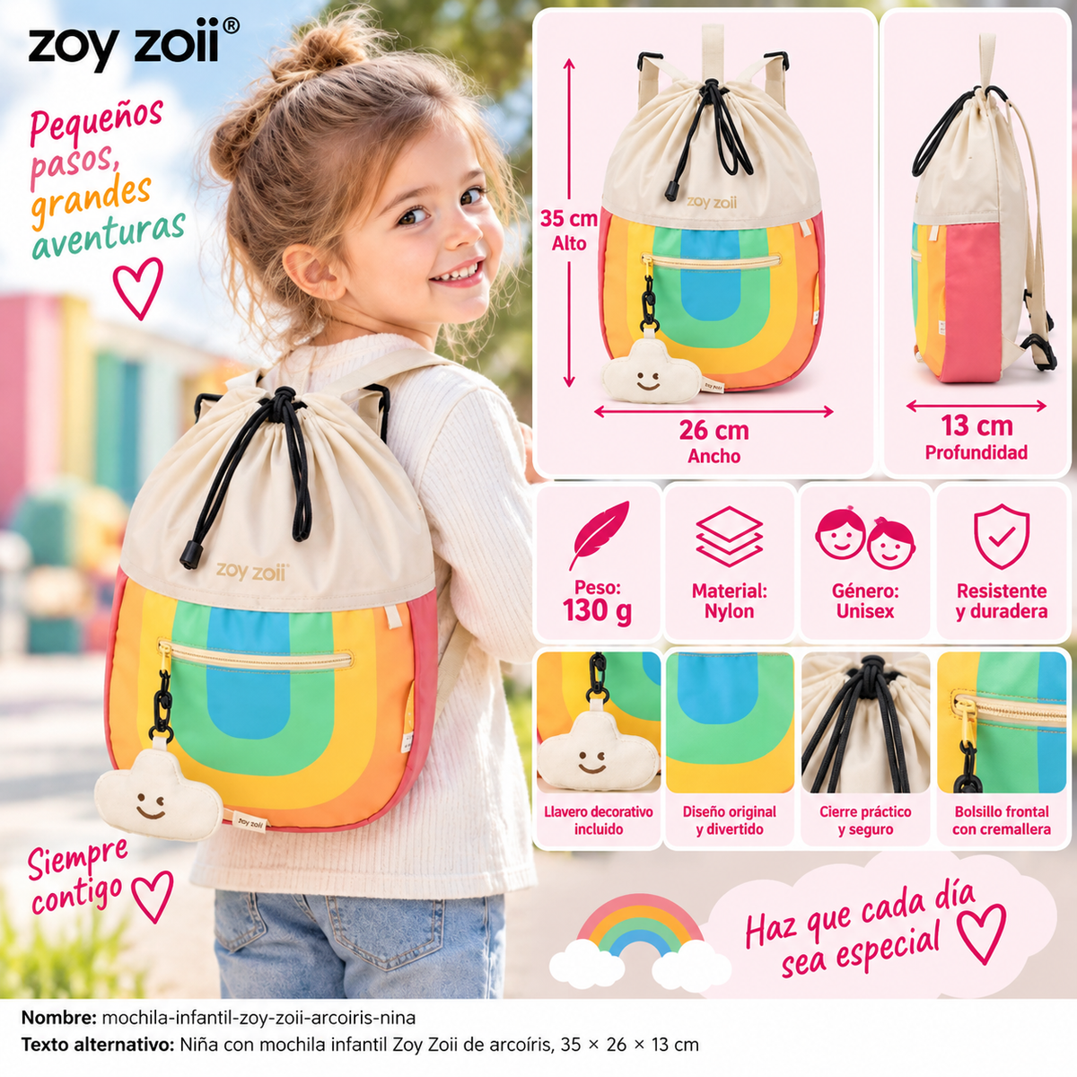 Niña con mochila infantil Zoy Zoii de arcoíris