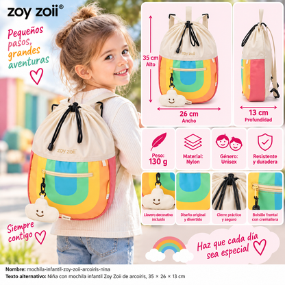 Niña con mochila infantil Zoy Zoii de arcoíris