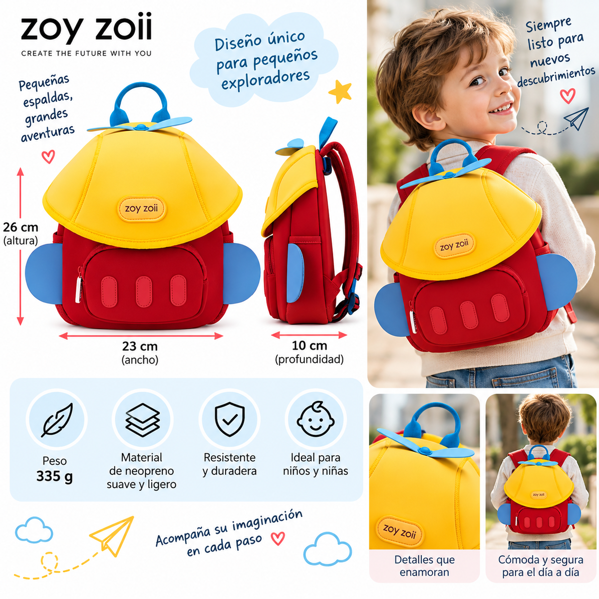 Mochila infantil Zoy Zoii con diseño de avión en rojo, amarillo y azul, fabricada en neopreno