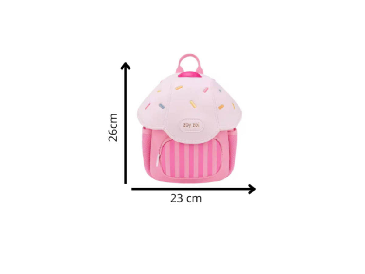 Mochila Zoy Zoii rosa con rayas y detalles dulces de colores