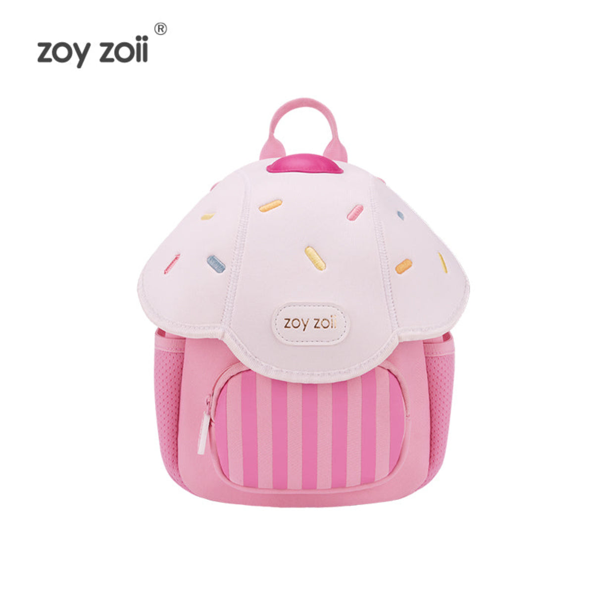Mochila infantil Zoy Zoii en forma de cupcake color rosa con decoración de colores