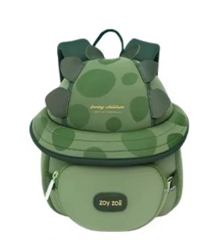 Mochila infantil verde Zoy Zoii con diseño de dinosaurio, ligera y cómoda.