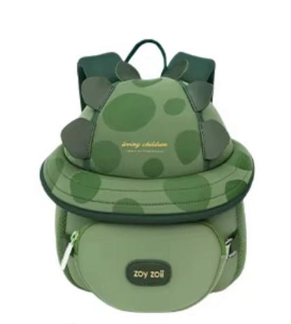 Mochila infantil verde Zoy Zoii con diseño de dinosaurio, ligera y cómoda.