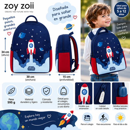 Mochila infantil Zoy Zoii azul con diseño de cohete y planetas, medidas 34 x 30 x 15 cm, ideal para colegio y excursiones
