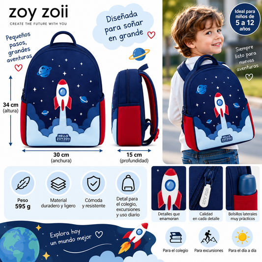 Mochila infantil Zoy Zoii azul con diseño de cohete espacial