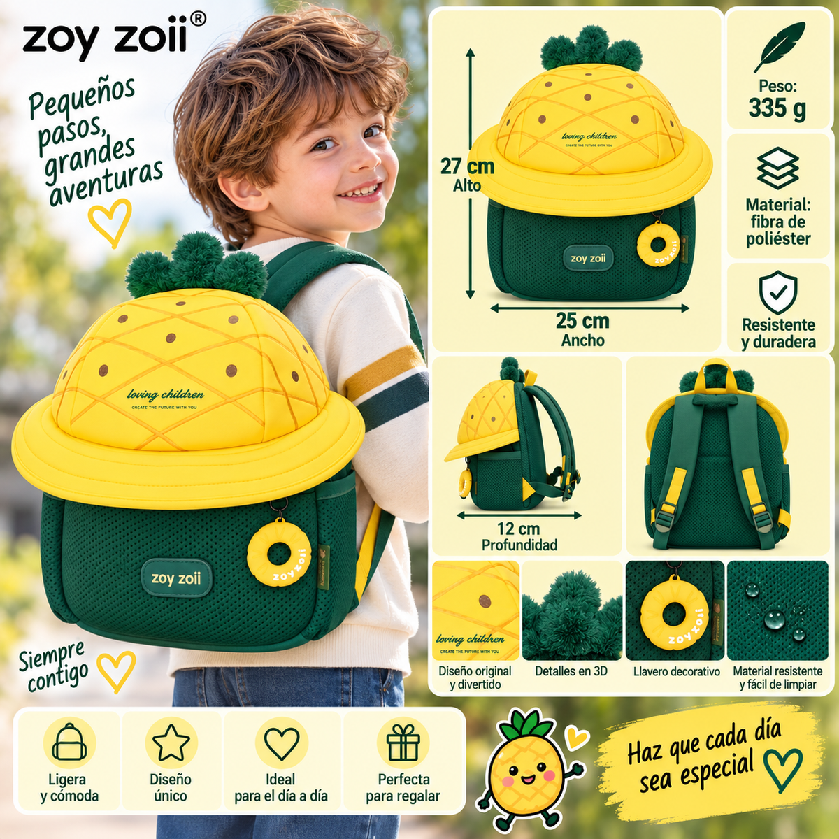 Niño con mochila infantil Zoy Zoii con diseño de piña amarilla y verde