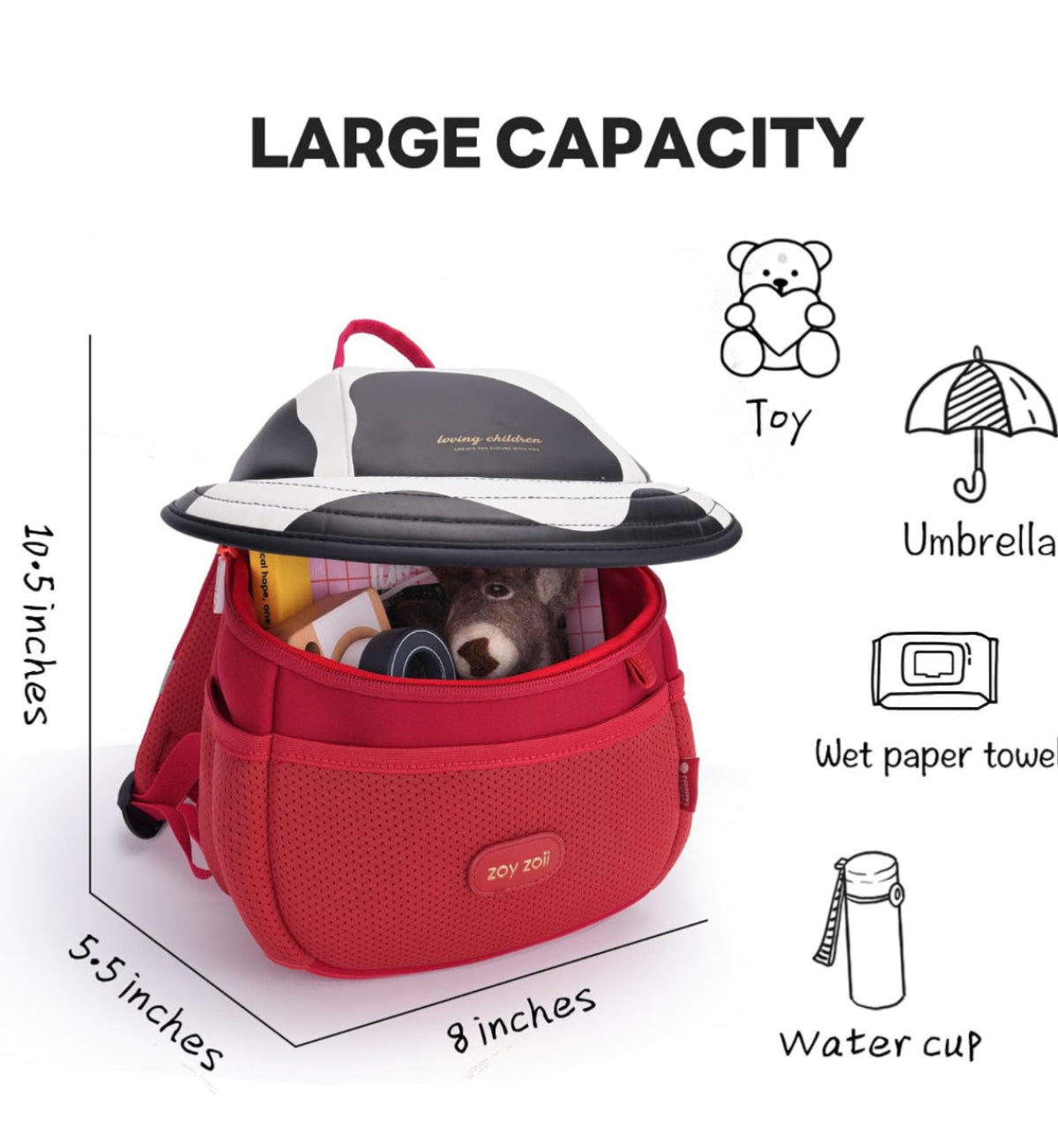 Mochila infantil original Zoy Zoii con estilo vaquita y base roja