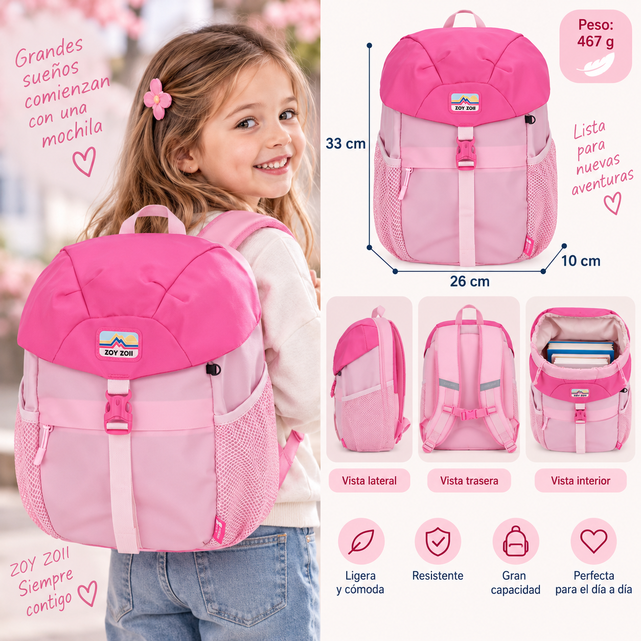 Niña con mochila infantil Zoy Zoii rosa de 33 cm