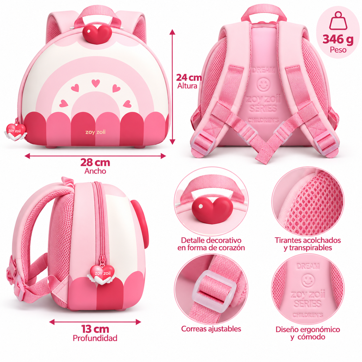 Mochila infantil Zoy Zoii rosa con corazones, medidas 28 por 24 por 13 cm y peso de 346 g.