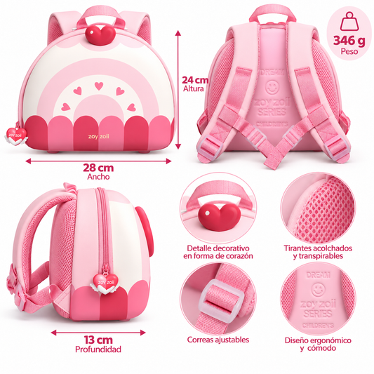 Mochila infantil Zoy Zoii rosa con diseño de corazones y arcoíris
