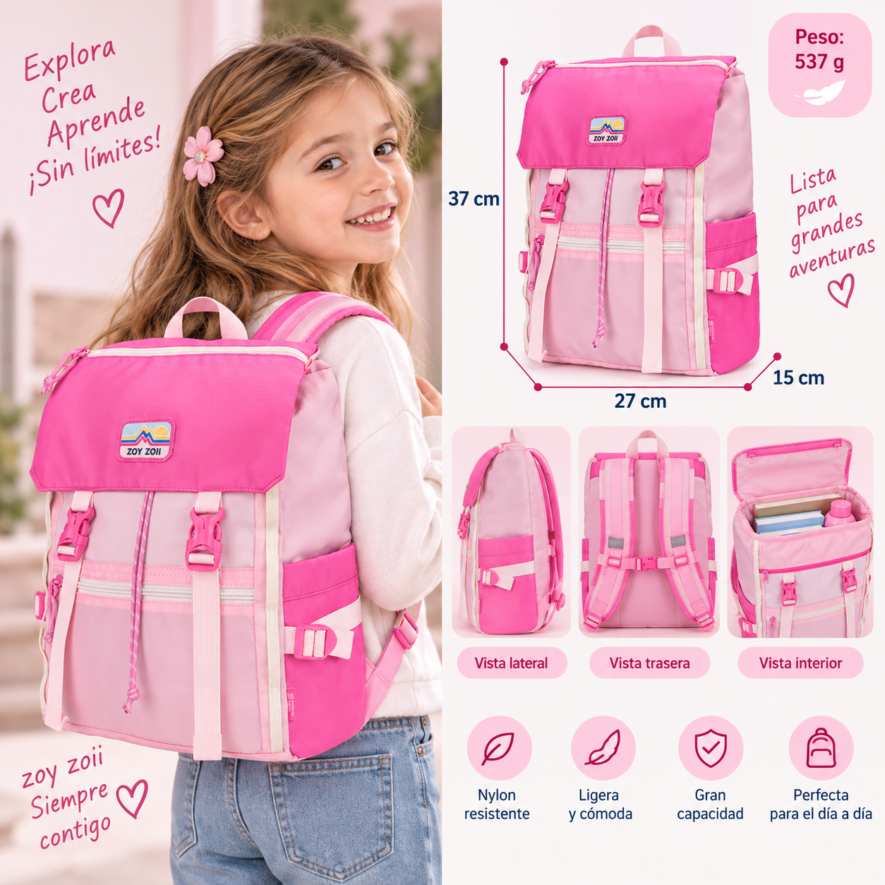 Niña con mochila infantil Zoy Zoii rosa de nylon de 37 cm