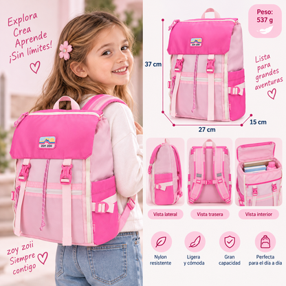 Niña con mochila infantil Zoy Zoii rosa de nylon de 37 cm