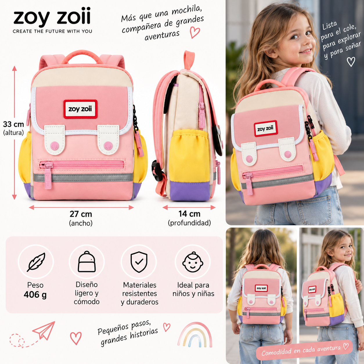 Mochila infantil Zoy Zoii rosa tamaño grande  para colegio 