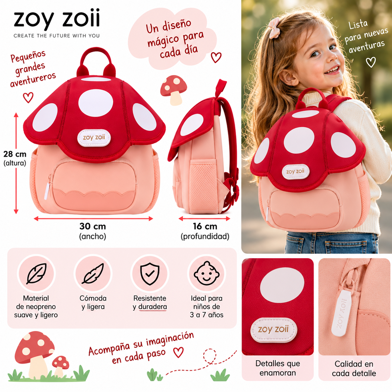 Mochila infantil Zoy Zoii con diseño de seta roja, tamaño grande de para niños de 5 a 12 años