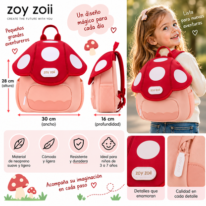 Mochila infantil Zoy Zoii con diseño de seta roja, tamaño grande de para niños de 5 a 12 años