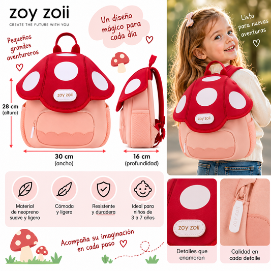 Mochila infantil Zoy Zoii en forma de seta roja con lunares blancos