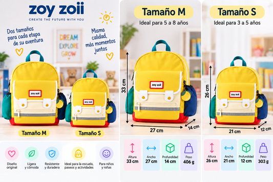 Mochila infantil Zoy Zoii color amarillo con bolsillos laterales azul y verde