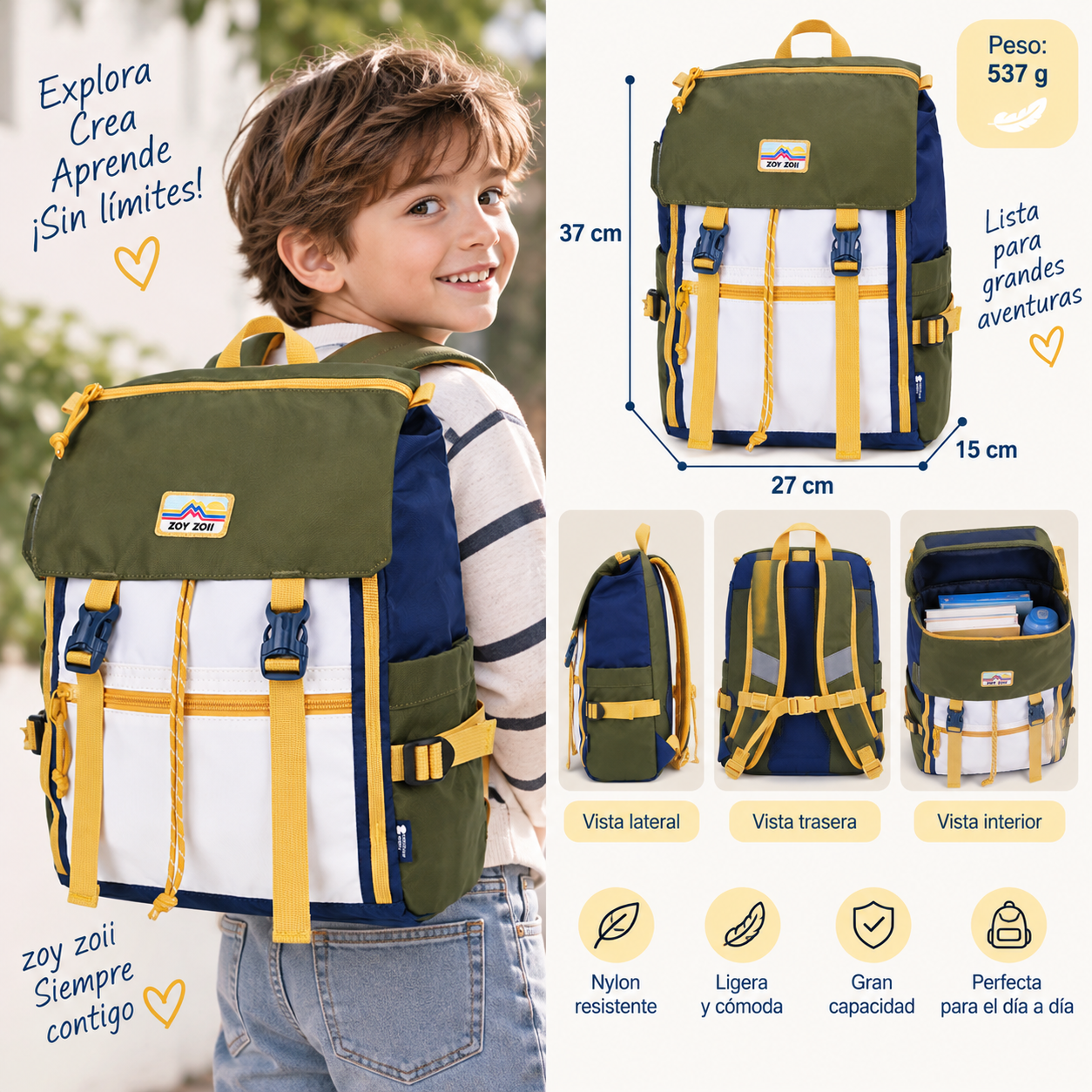 Mochila infantil Zoy Zoii verde, azul y amarilla para niños
