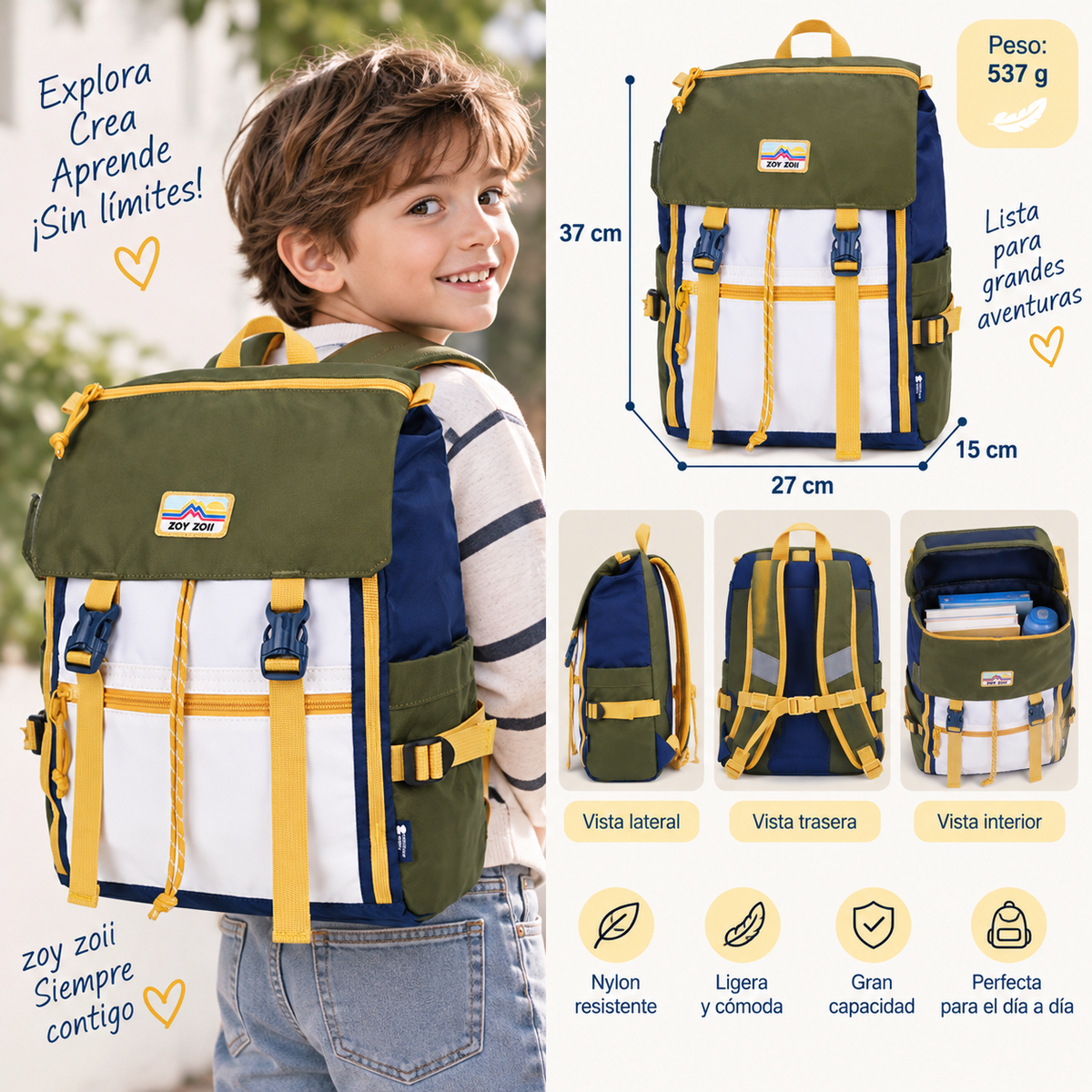 Mochila infantil Zoy Zoii verde, azul y amarilla para niños